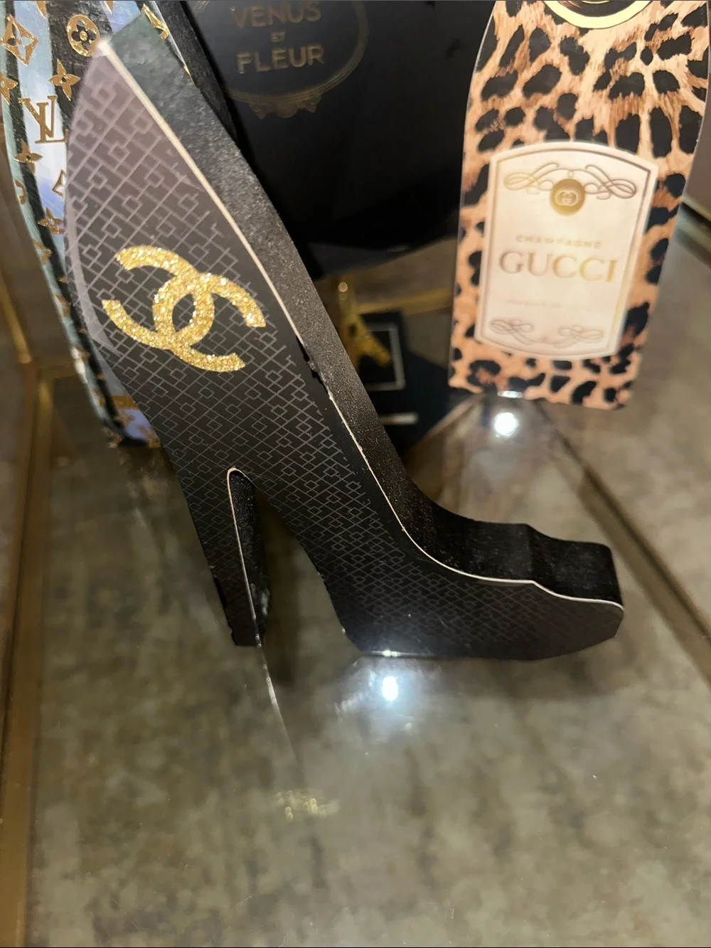 CHANEL Gucci LV Black Leather High Heel Figurine with Gold Logo